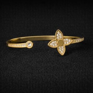 Gold Tone Crystal Flower/ Clover Open Cuff Bracelet Adjustable